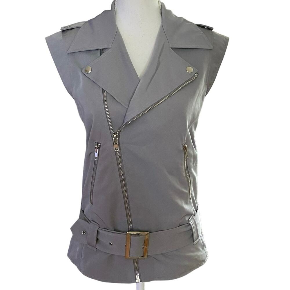 🌻 2/$20 Susana Monaco M Lunar Grey Moto Vest Belted Zippers Pockets Zip Up Front